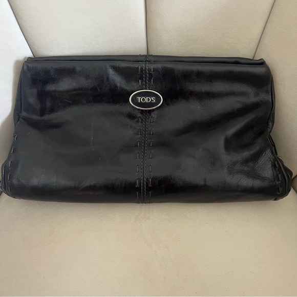 NWT Tod's Black Leather Clutch Medium Logo Silver Accent Made in Italy Vtg - Picture 1 of 16